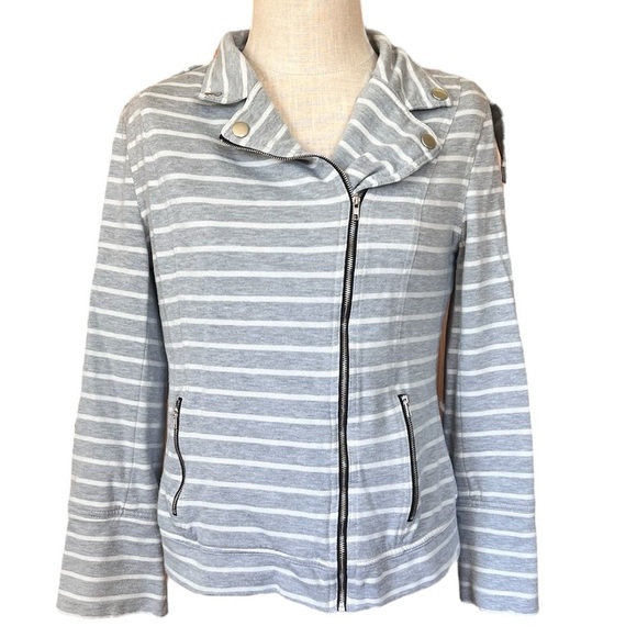 Pixley Large Grey White Stripe Thick & Cozy Motorcycle Jacket Bikercore - Picture 2 of 12